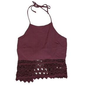 American Eagle Women’s XS Burgundy Boho Halter Top Crochet Trim Neck/Back Tie